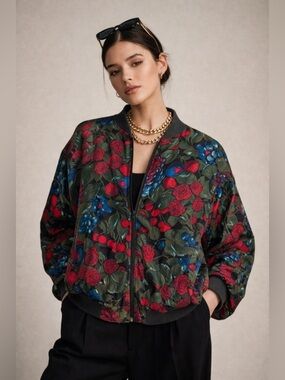 Vintage Silk Floral Jacket One Size Roses Fruit Print Statement Jacket